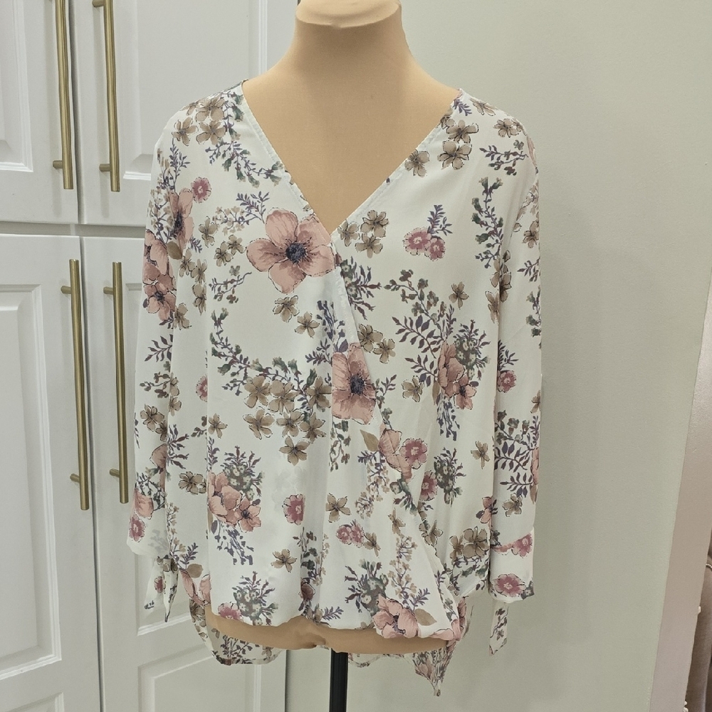 West Kei Cream Pink Wrap Blouse with Long Sleeves